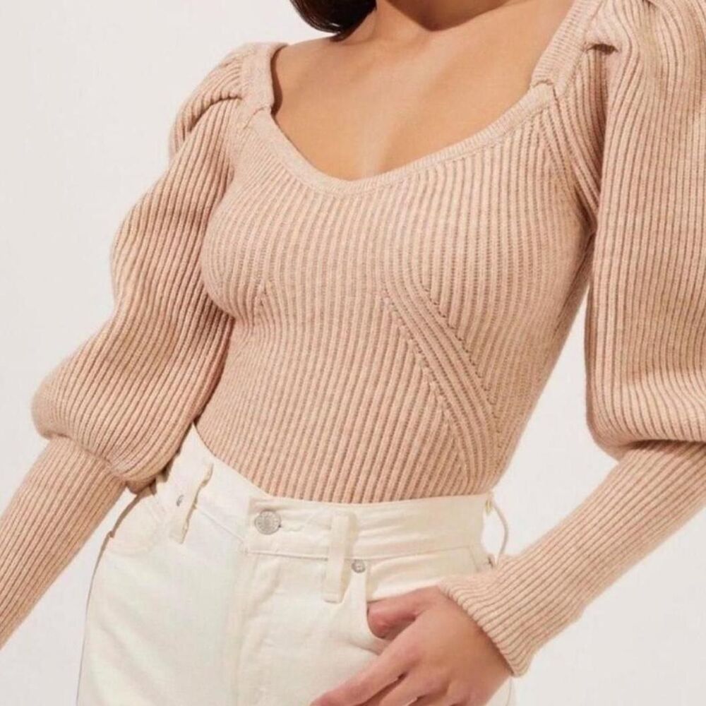 ASTR The Label Puff Sleeve Sweater M Brown Ribbed Square Neck Fuzzy Knit Top